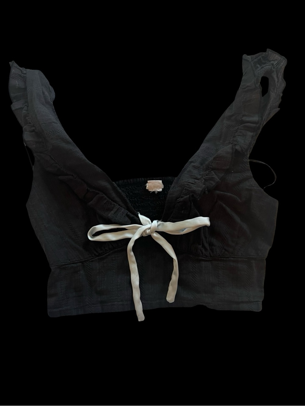 Kimchi Blue Black Ruffle Tie-Front Crop Top with White Tie